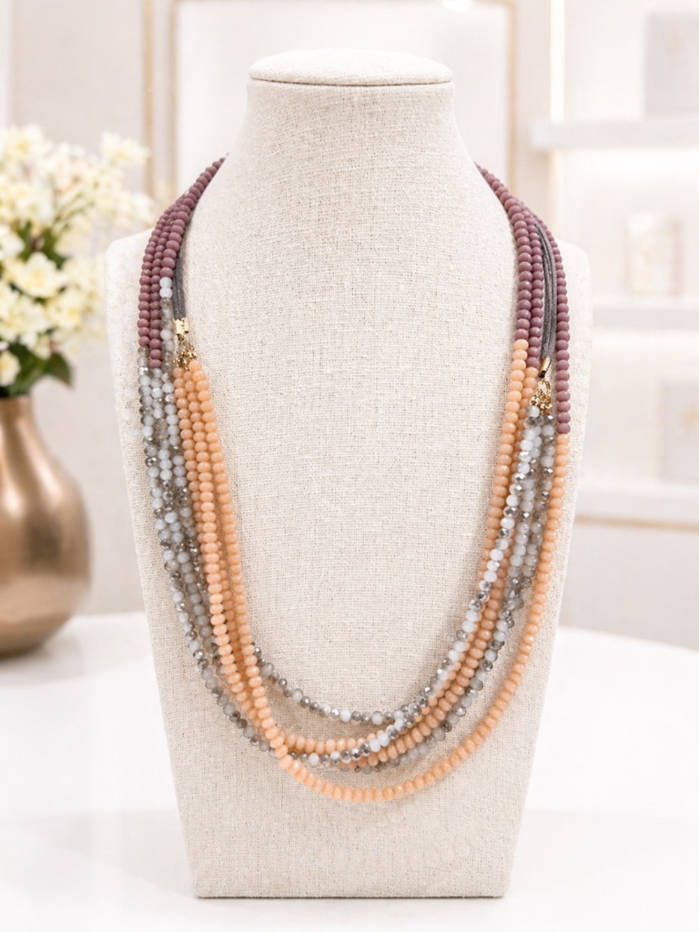 Layered Beaded Statement Necklace in purple and Neutral Tones